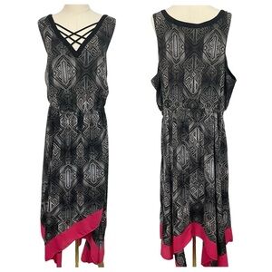Penningtons Asymmetrical Maxi Dress Sz 2X Black Pink Sleeveless Vacation EUC
